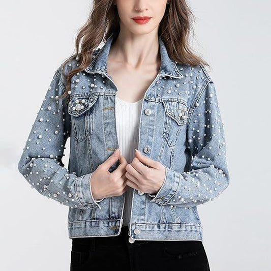 Women's Slouchy Diamond Denim Slim Rhinestone Jackets