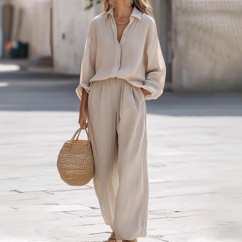 Women's Lapel Long Sleeve Shirt Trousers Cotton Fashion Casual Suit