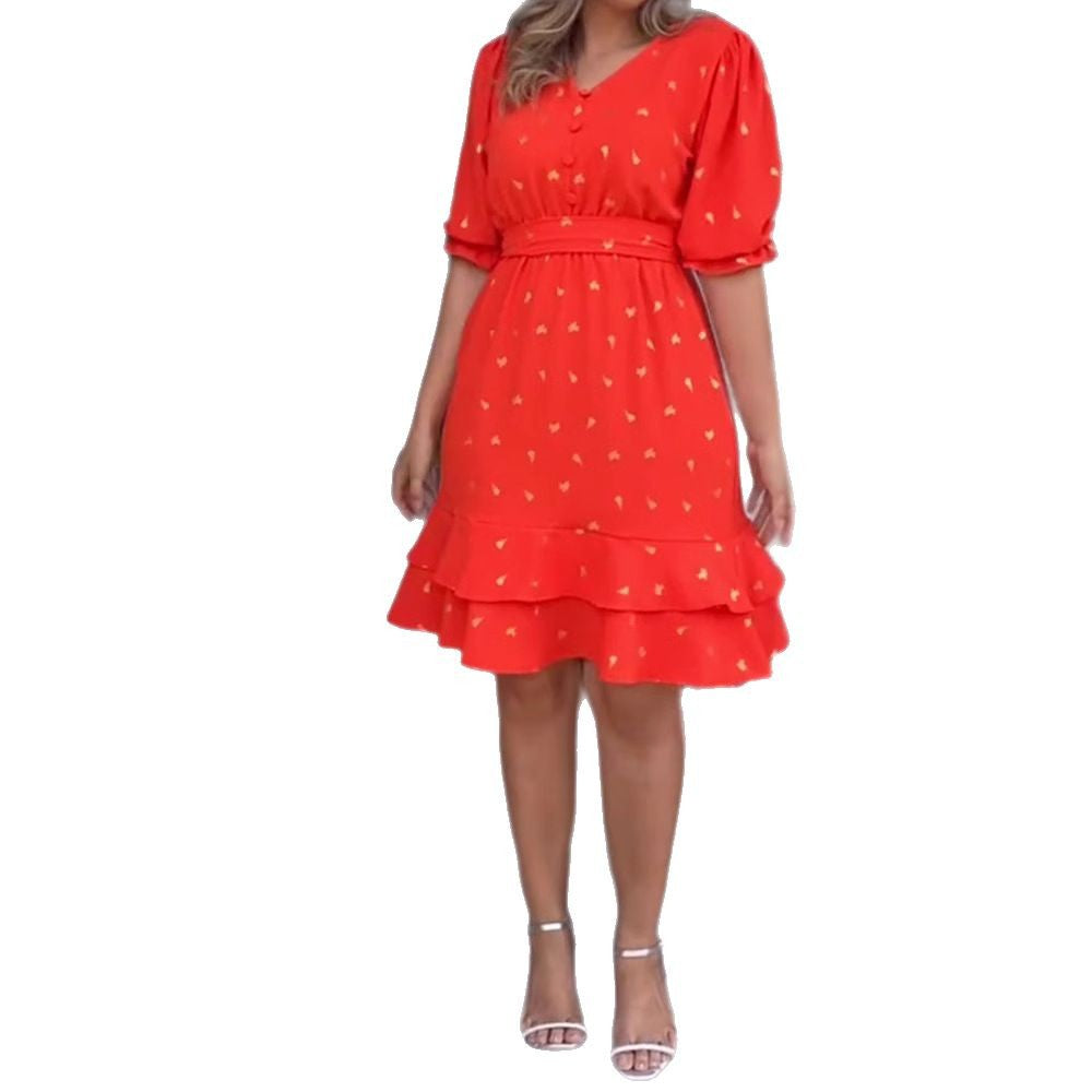 Versatile Women's Printed Short-sleeved Button Waist Dress