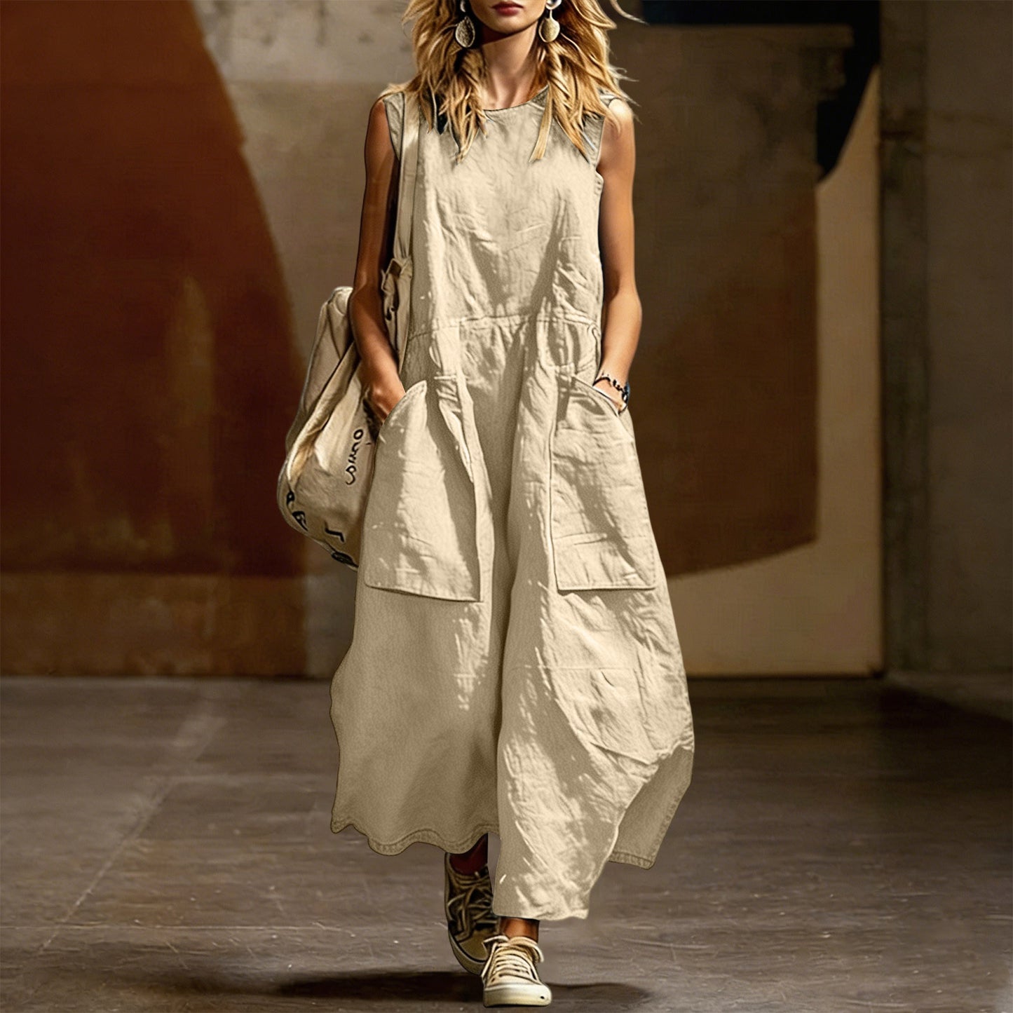 Women's Color Washed Wrinkle Sleeveless Double Pocket Dress