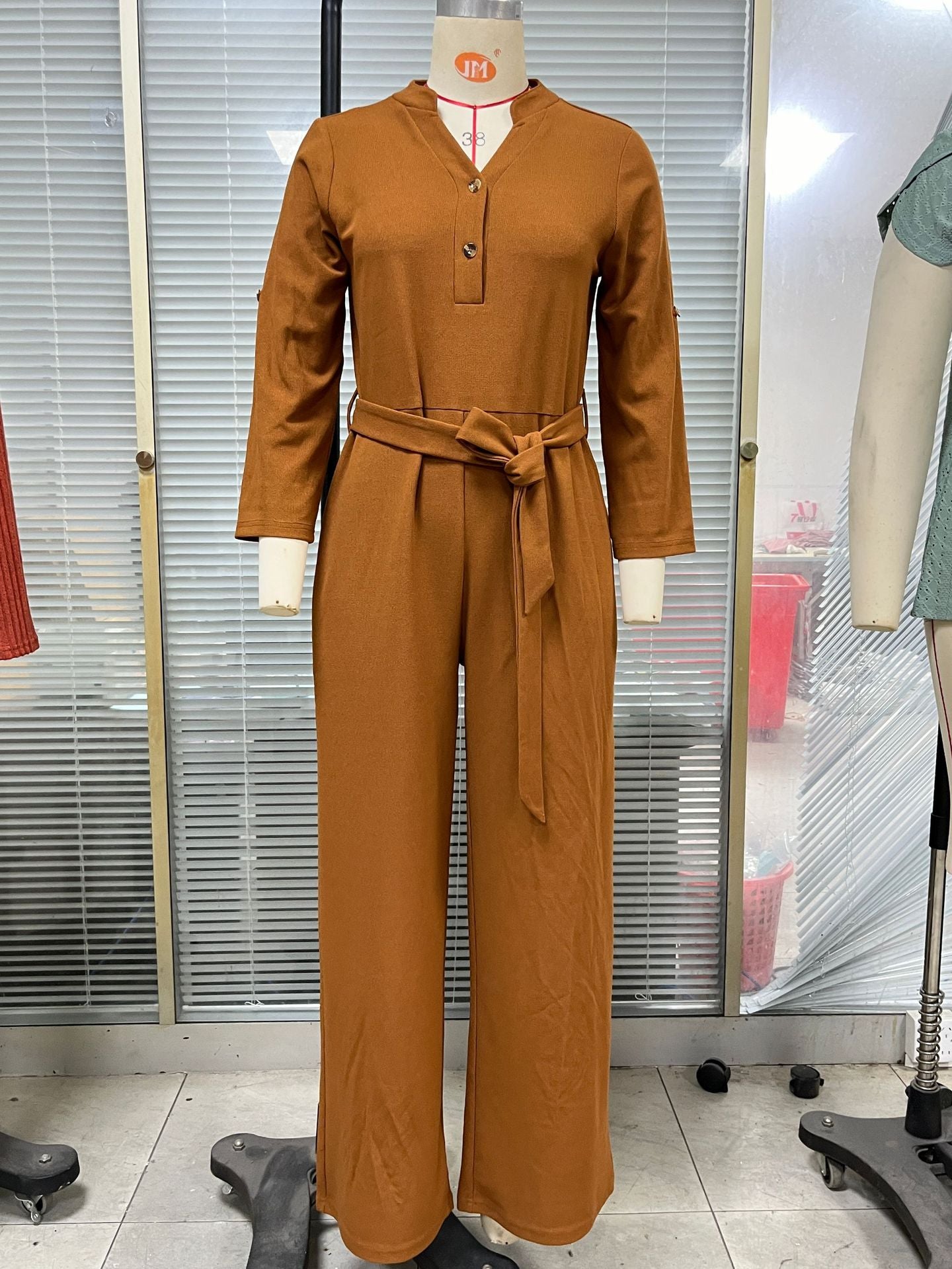 Solid Color High Waist Button Long Jumpsuits