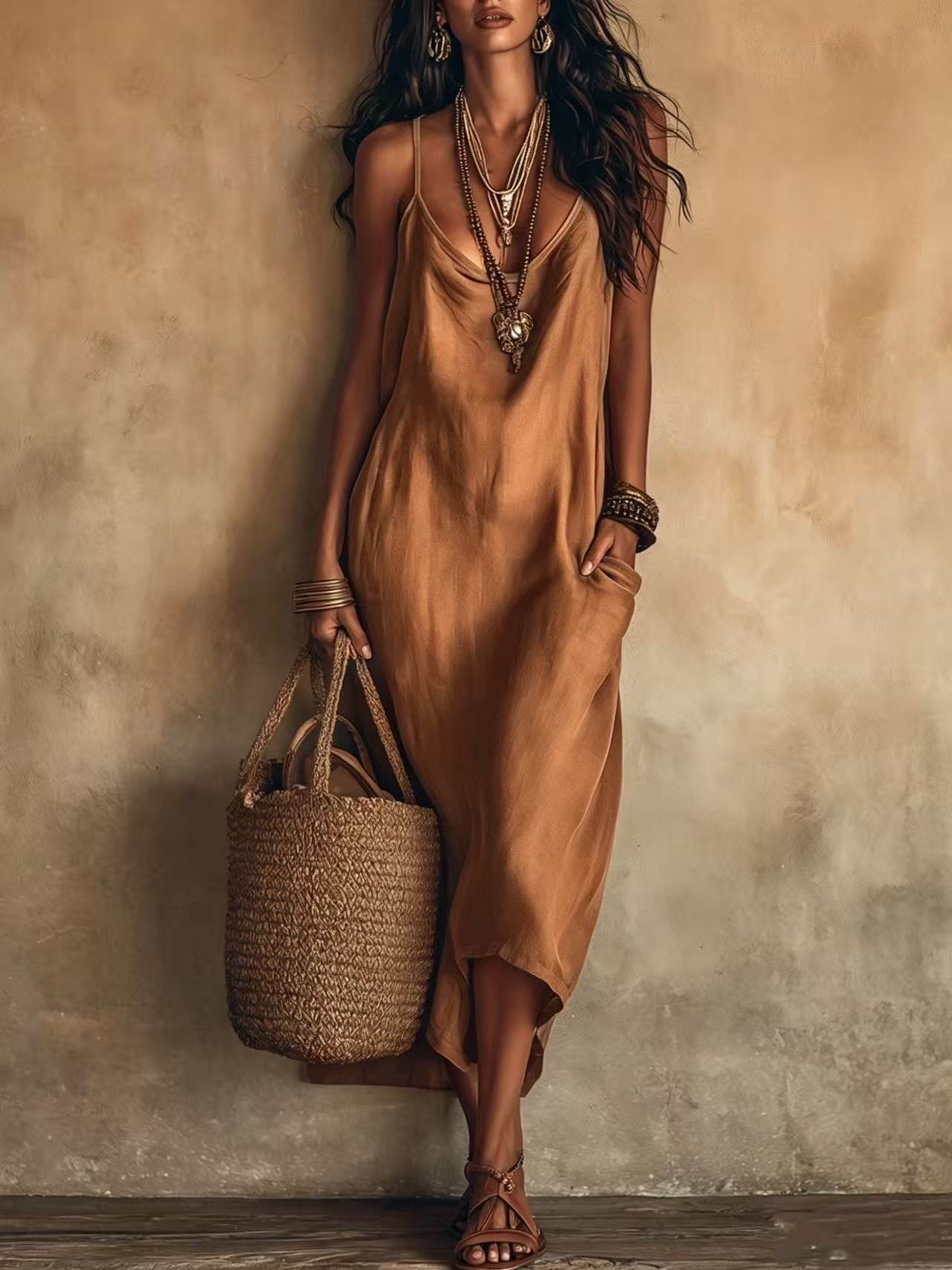 Featured Swing Collar Solid Color Strap Vacation Style Dress
