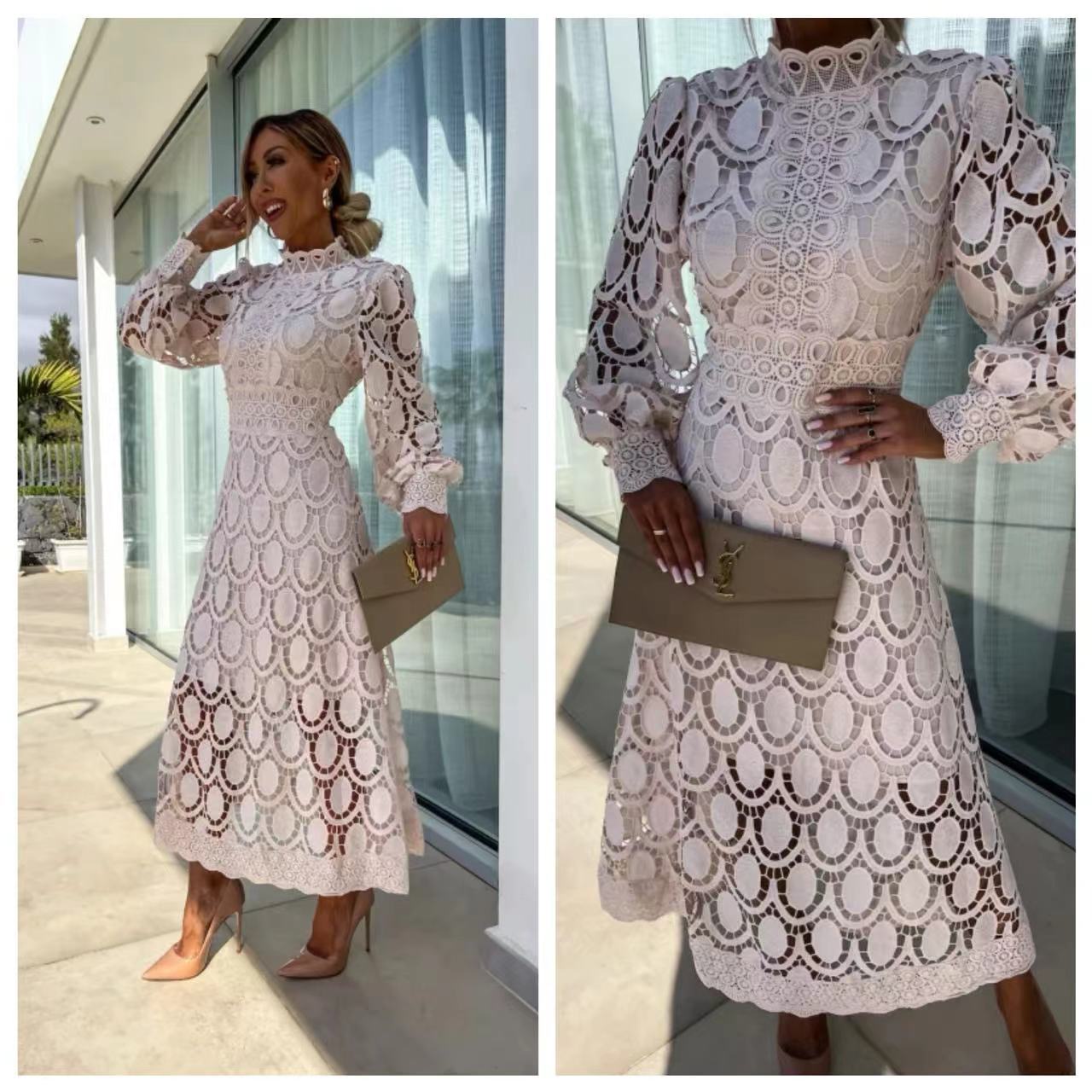 French Style Lace Stand Collar Puff Dresses