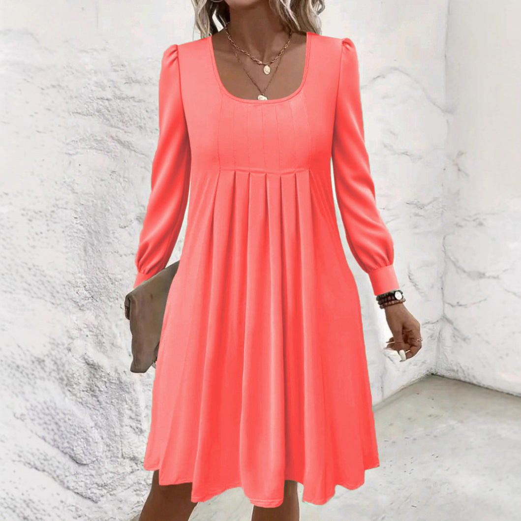 Popular Long Sleeve Fashionable Pleated Mid-length Dress