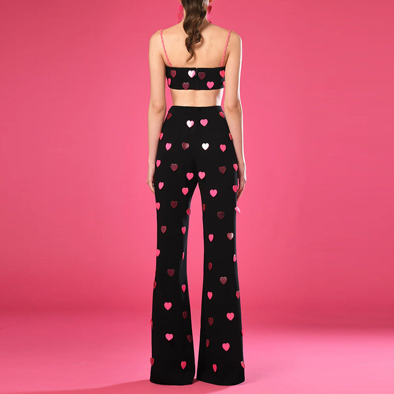Glamorous Heart-shaped Sequin Sling Two-piece Set Fashion Casual Suit