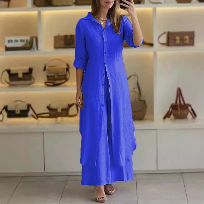 Cotton Linen Tight Waist Long Shirt Suits
