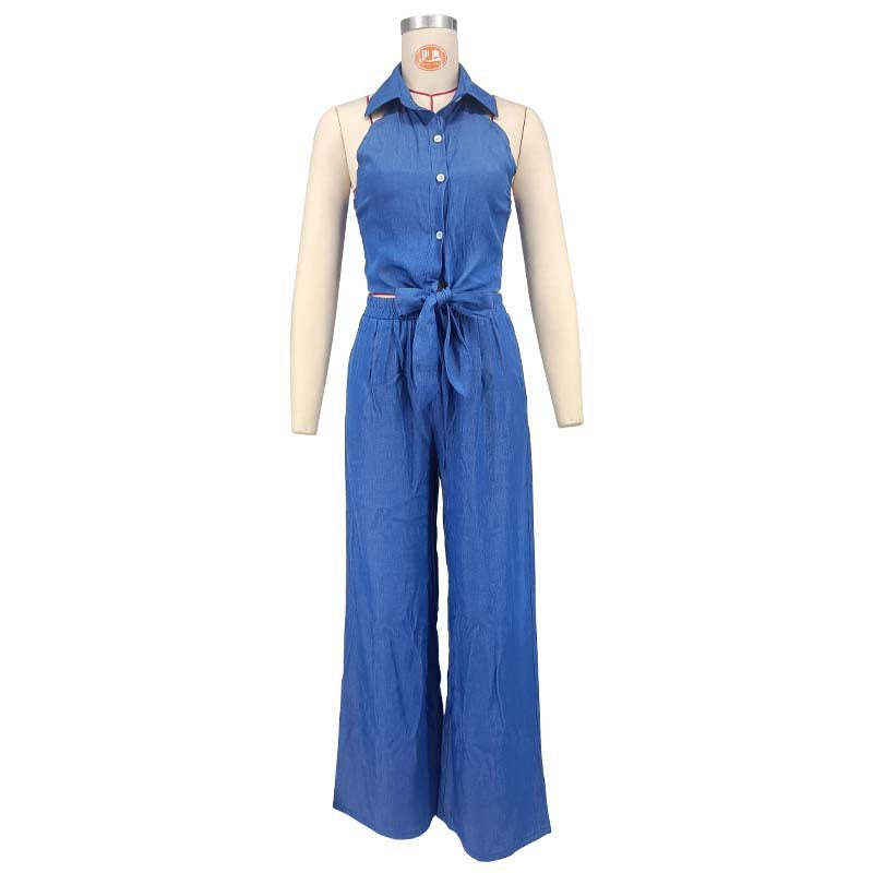 Women's Denim Halter Lapel Backless Loose Wide Suits