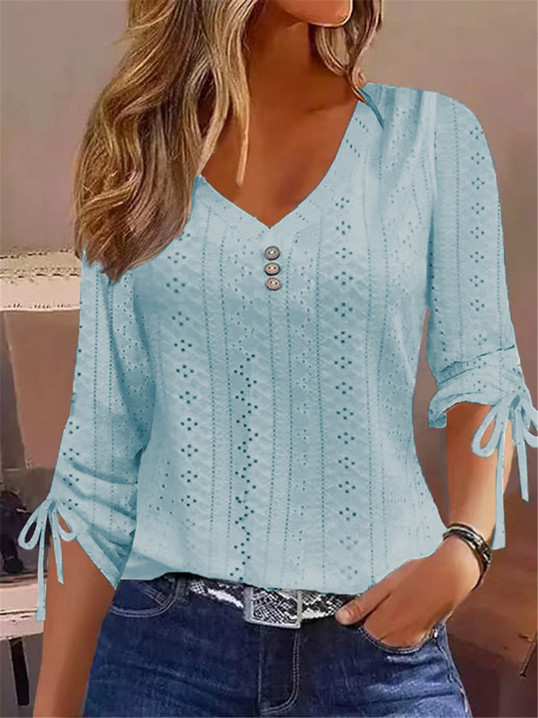 Solid Color Jacquard Button Long-sleeved T-shirt Tops