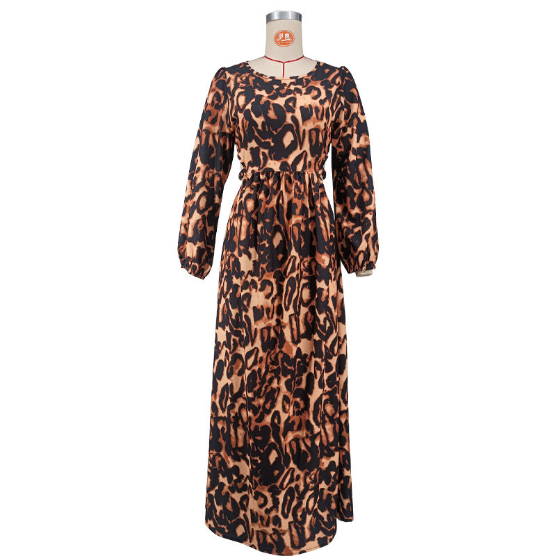 Women's Backless Midriff Outfit Sexy Leopard Print Long Sleeve Comfortable Dress