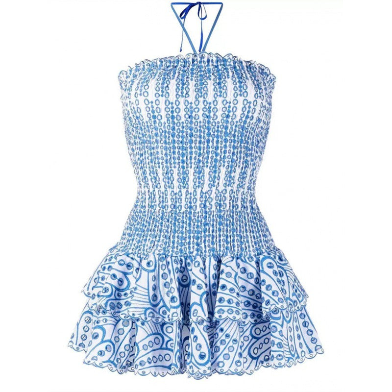 Bandeau Hollow Embroidered Cotton Stretch Waist Dresses