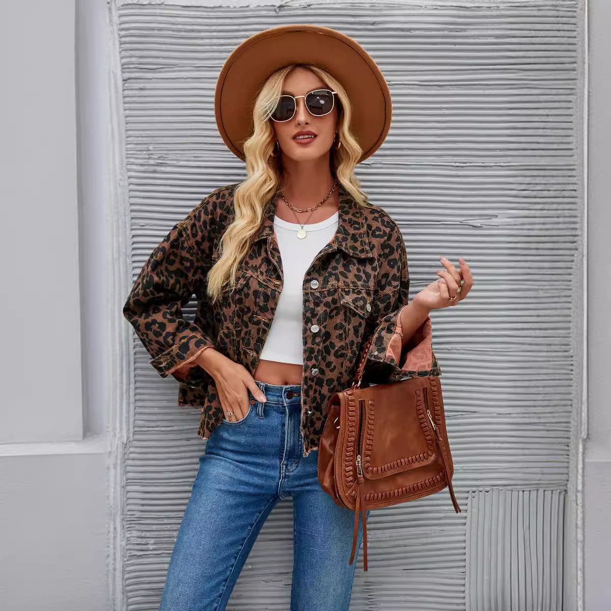 Women's Leopard Print Fashion Casual Denim Jackets