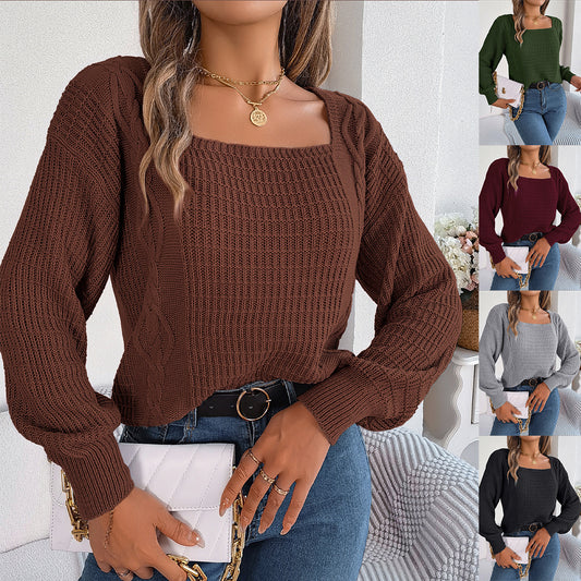Clearance Casual Solid Color Square Collar Twist Lantern Sleeve Sweaters