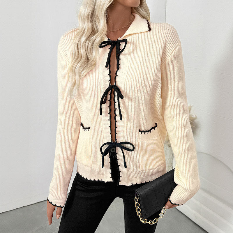 Sweet Style Bow Turn-down Collar Trim Sweaters