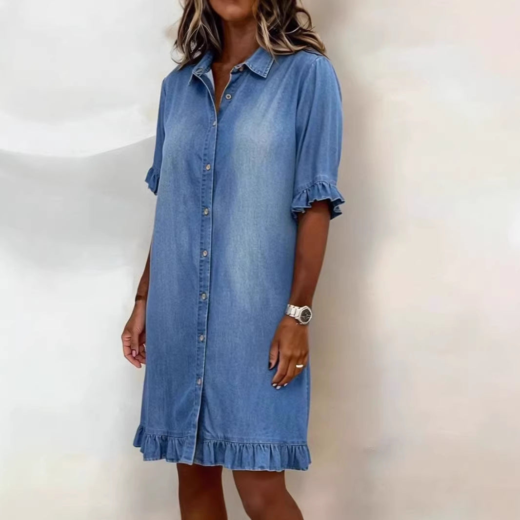Women's Summer Loose Shirt Denim With Wooden Dress