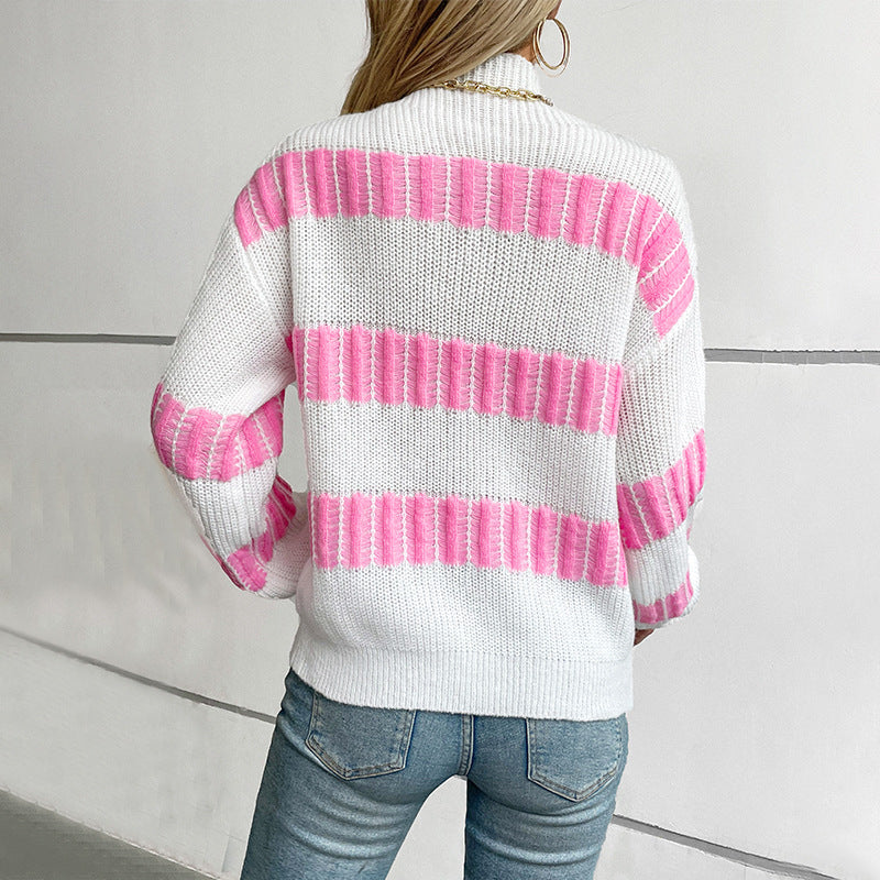 Women's Striped Pullover Fashionable Loose Mock Neck Sweater