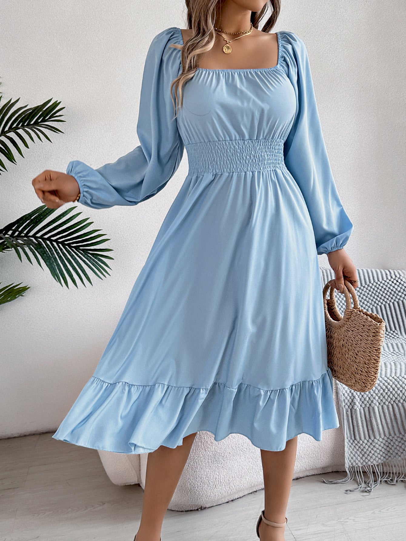Women's Color Square Collar Long Sleeve Waist Trimming Clothing