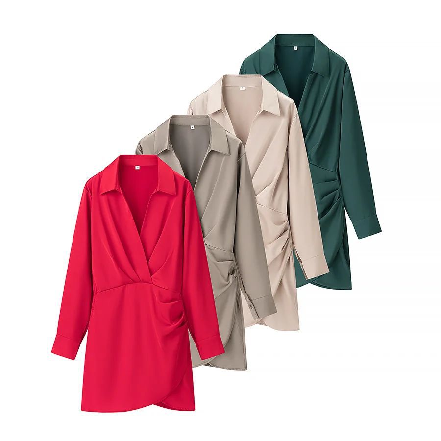 Side Wrinkle Dress Shirt Style Long Sleeve High Dresses