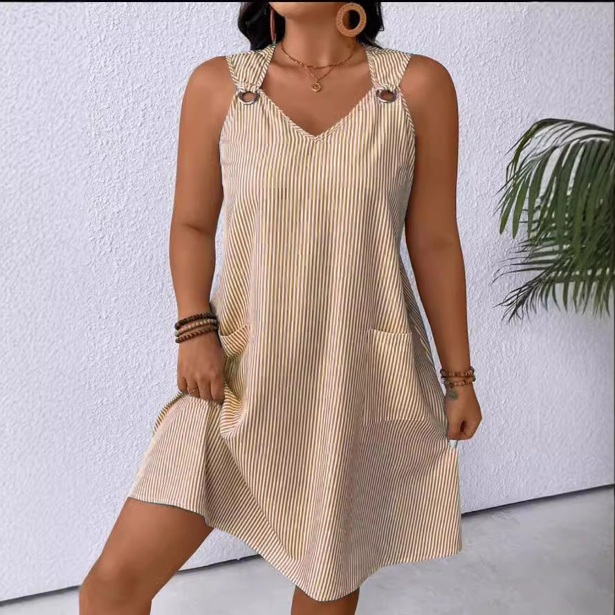 Glamorous Round Neck Pocket Striped Overall Skirts