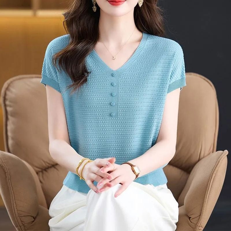 Women's Silk Sleeve Summer Solid Color Knitted T-shirt Thin Women's Sweater