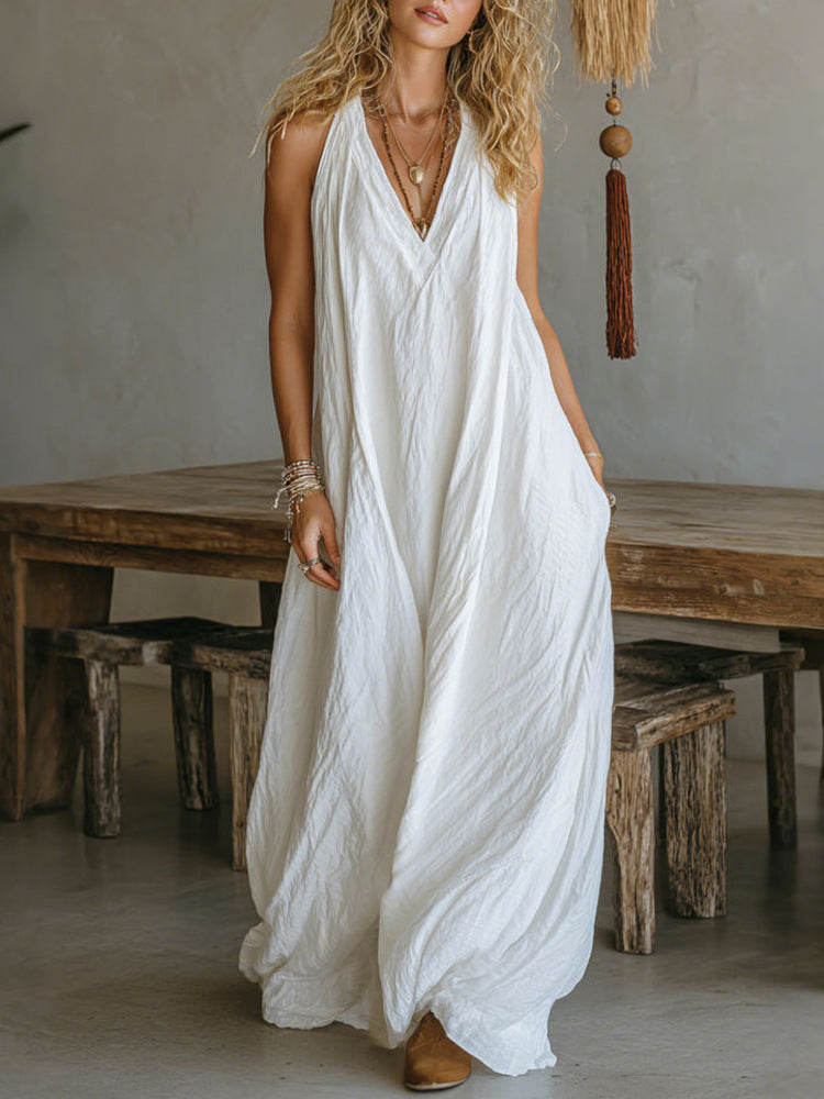 Women's Sleeve Casual Sleeveless Loose Pockets Long Dress