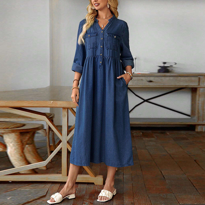 Women's Denim Stand Collar Button Long Sleeve Dresses