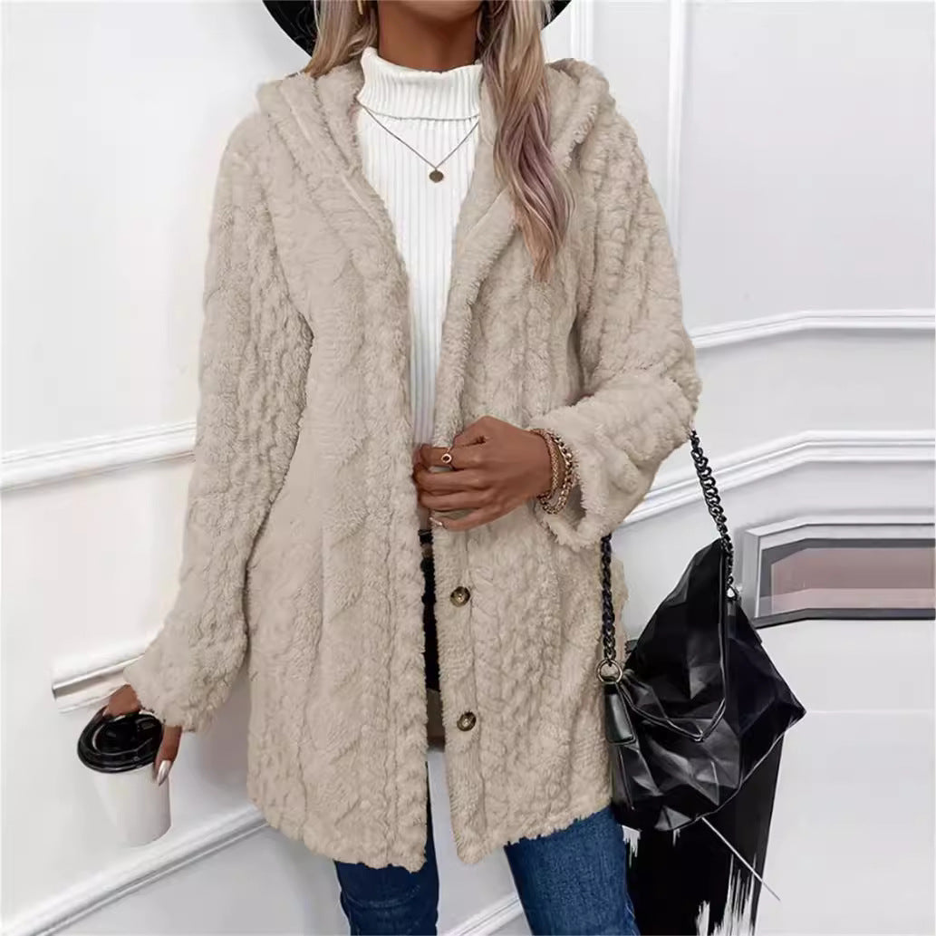 Women's Solid Color Single-breasted Plush Hoodie Fashion Jackets