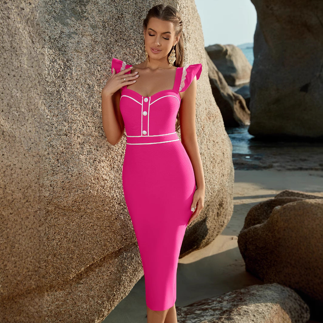 Sexy Slim Shoulder Exposed Bandage Temperament Camisole Ruffled Tube Dress