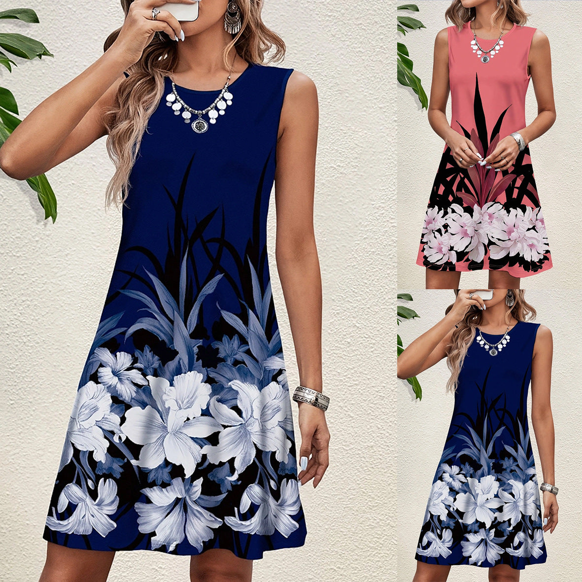Women's Fashionable Round Neck Sleeveless Elegant Printed Dress