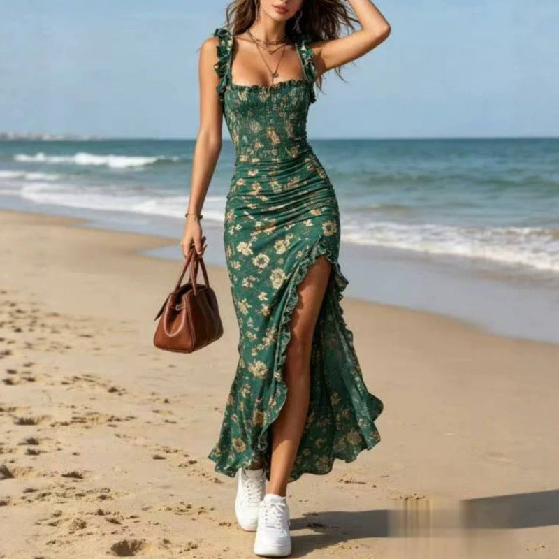 Bohemian Vintage Ruffled Sleeveless Strap High Dress