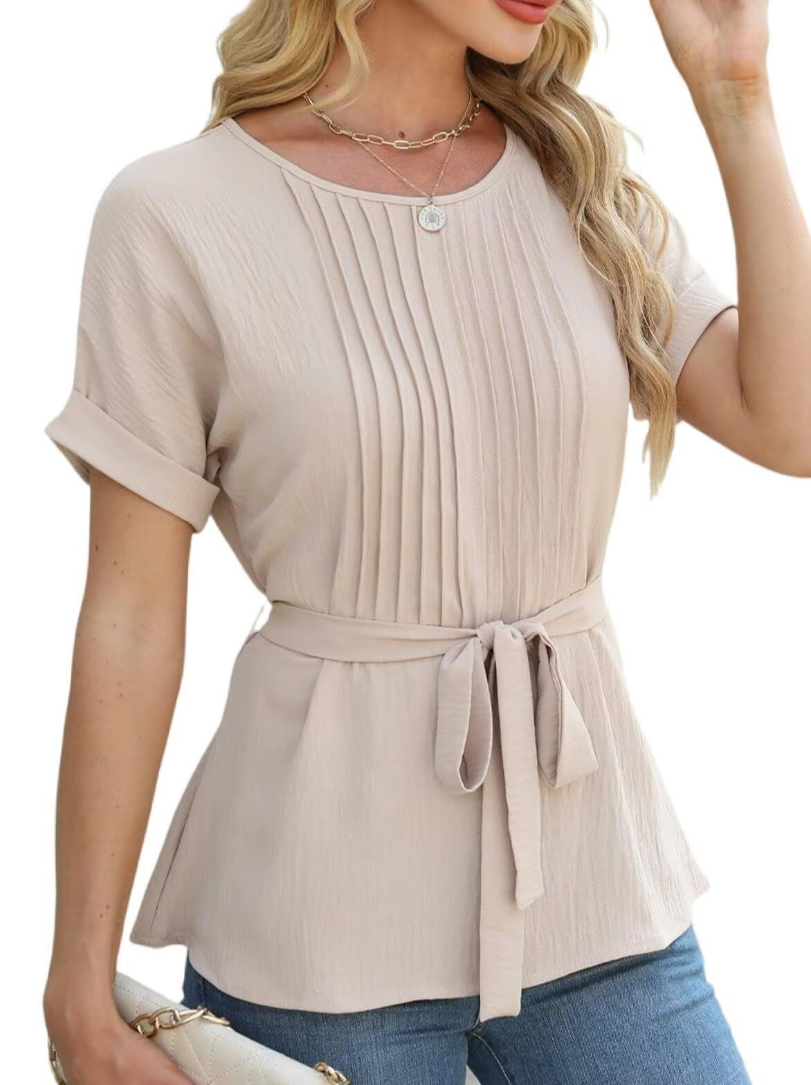 Women's Casual Shirt Ruffled Pleated Round Neck Blouses