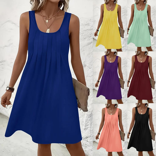 Women's Round Neck Sleeveless Solid Color Dress