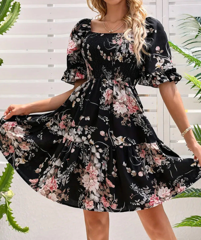 Printed Floral Square Collar Pleated Sleeves Shorts