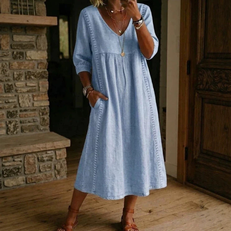 Casual Loose Stitching Lace Cotton Linen Dress