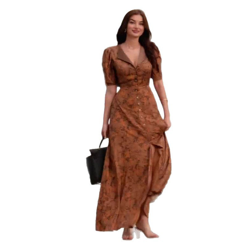 Women's Fashion Brown Printed Elegant Dress Dresses