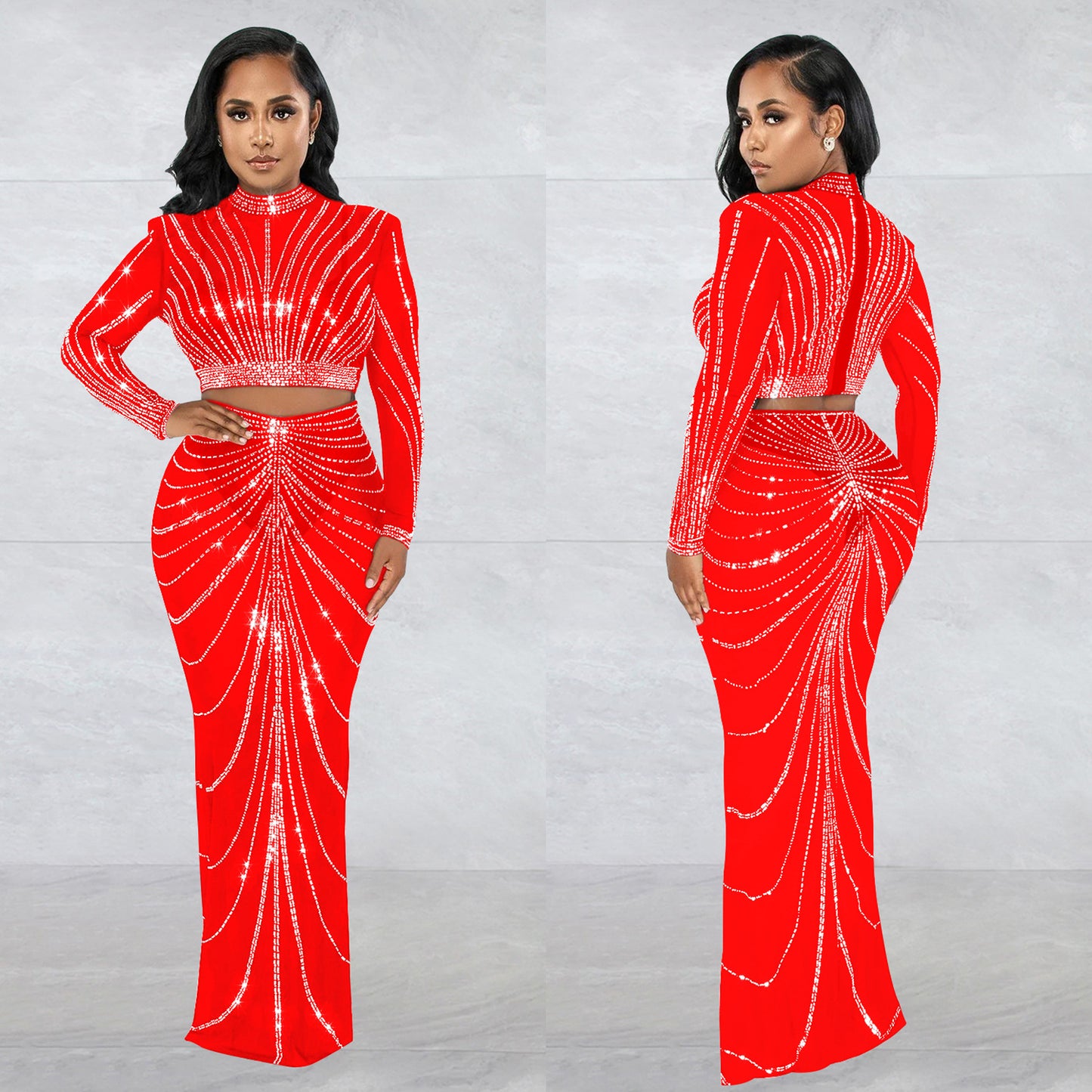 Women's Wear Mesh Hot Drilling Long Sleeve Suits