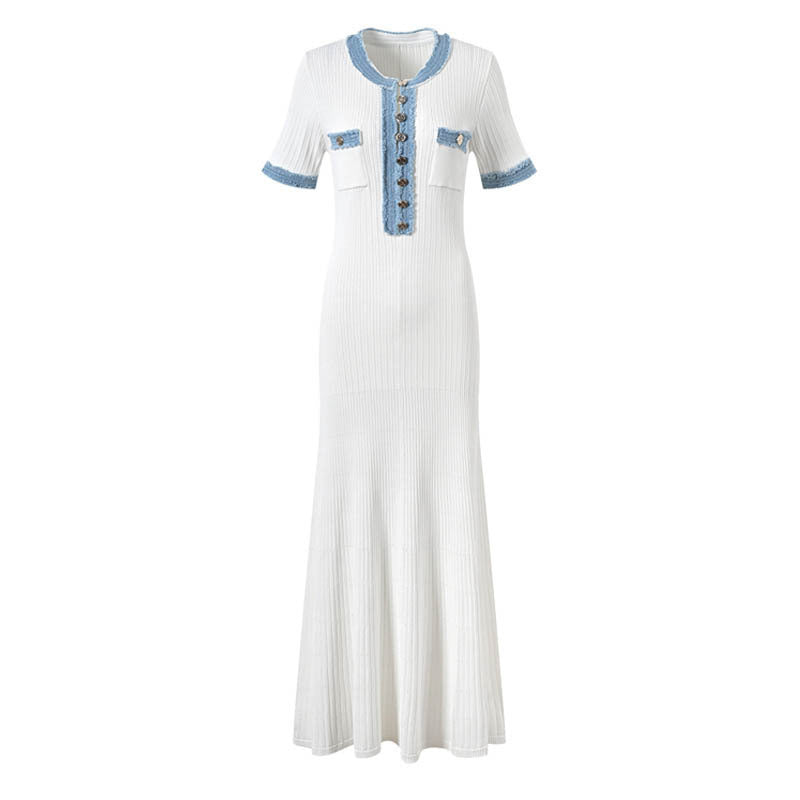 Denim Long-sleeved Knitted Simple Round Neck Slimming Dress