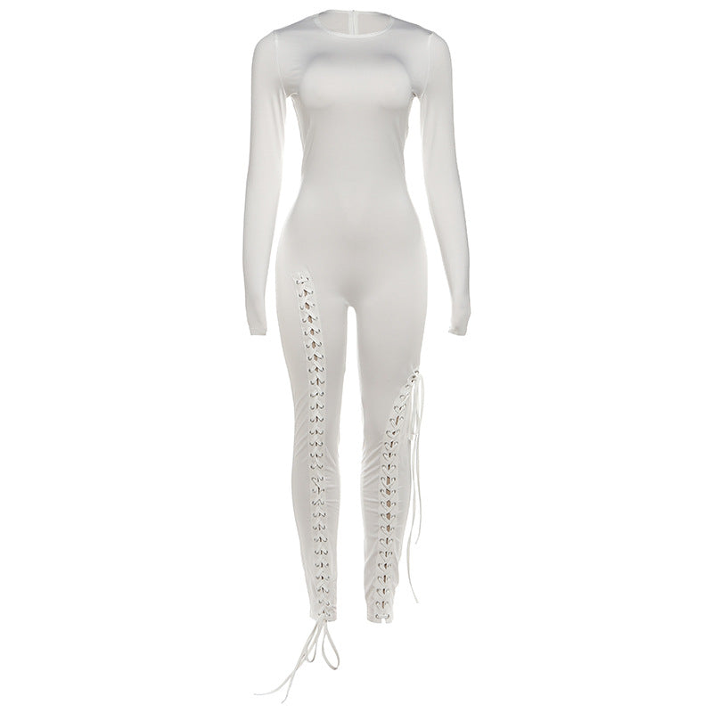 Women's Long-sleeved Fashion Sexy Cutout Bandage Skinny Jumpsuits