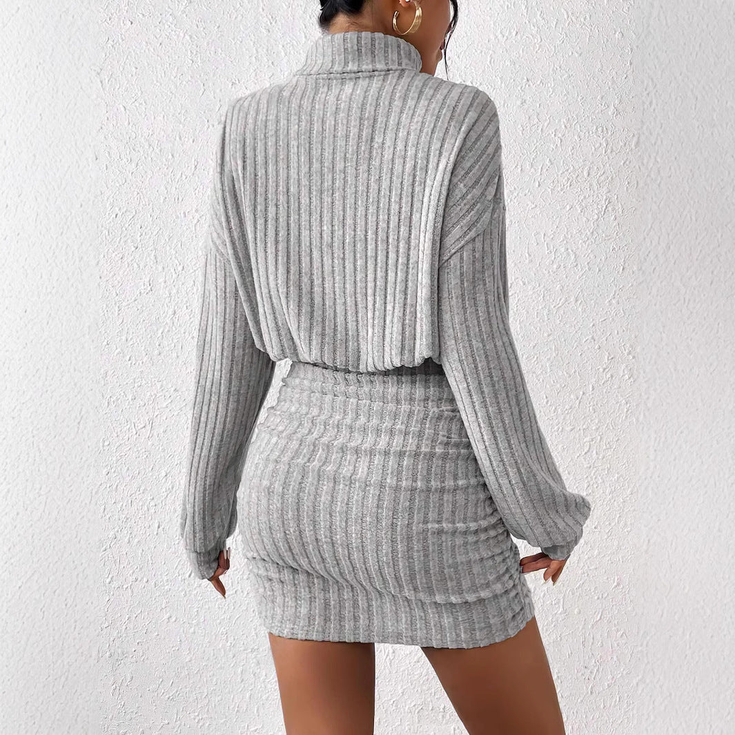 Women's Slim Fit Fashion Sunken Stripe Turtleneck Sheath Dress