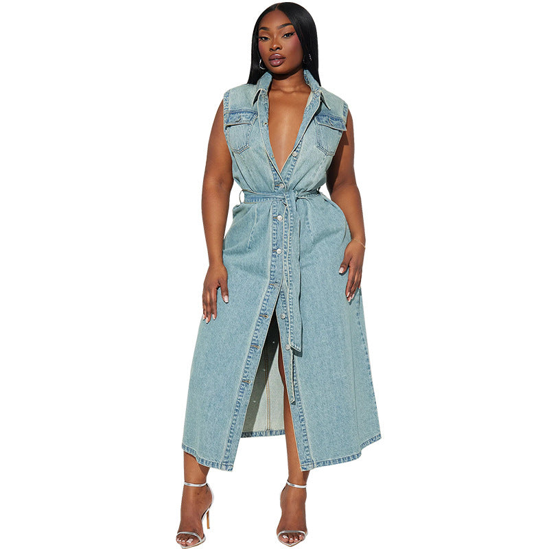 Women's Lapel Sleeveless Denim Long Lace Up Dresses