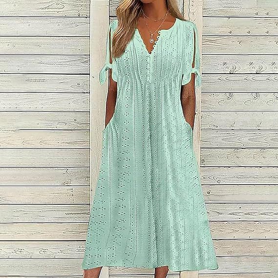 Women's Single Breasted Cuff Knotted Sleeve Eyelet Dresses