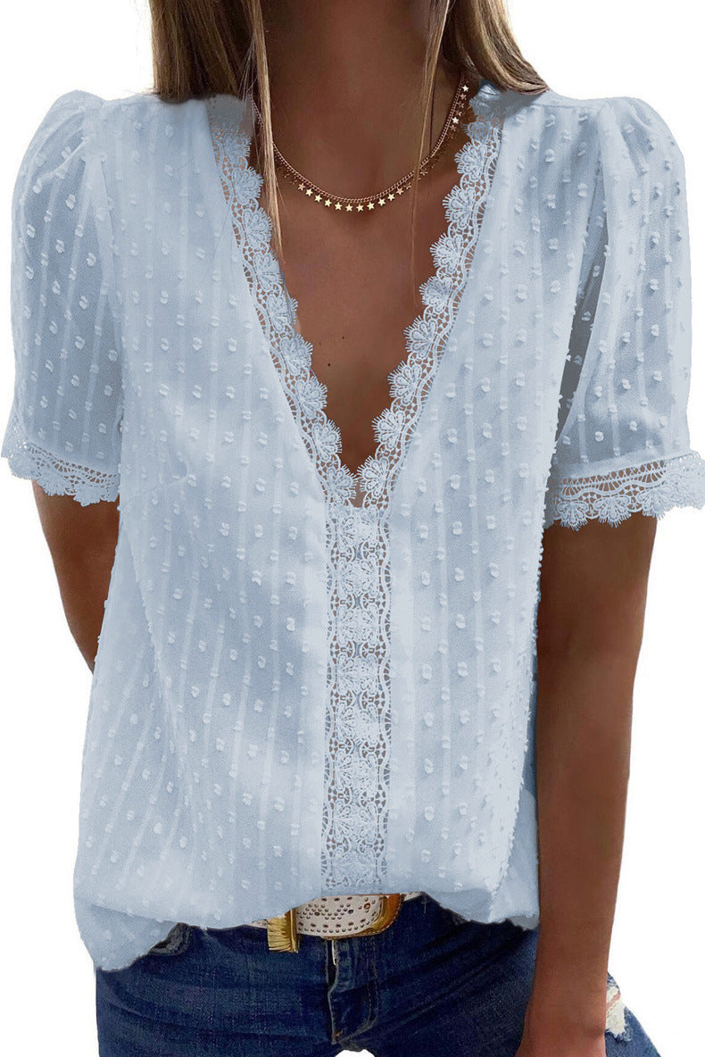 Women's Chiffon Jacquard Solid Color Short-sleeved Casual Blouses