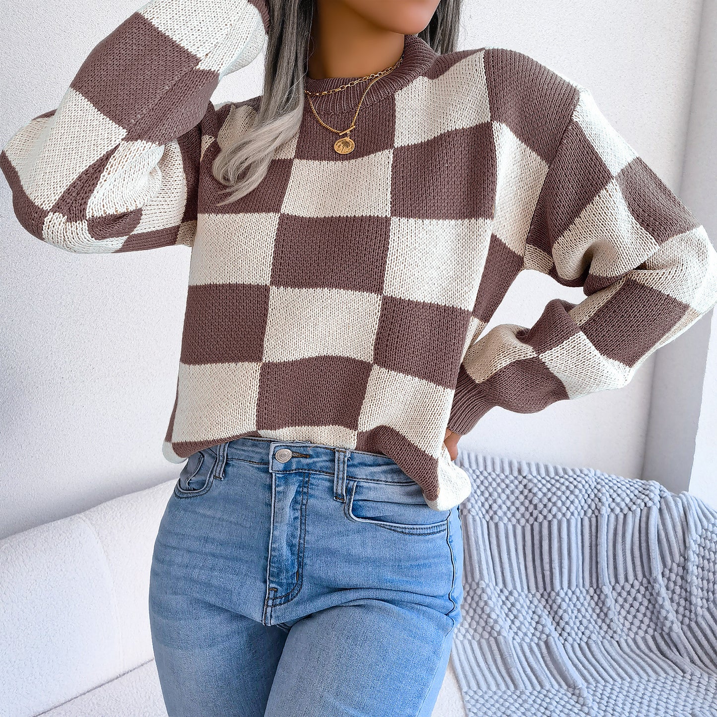 Women's Street Style Check Long Sleeve Pullover Sweater