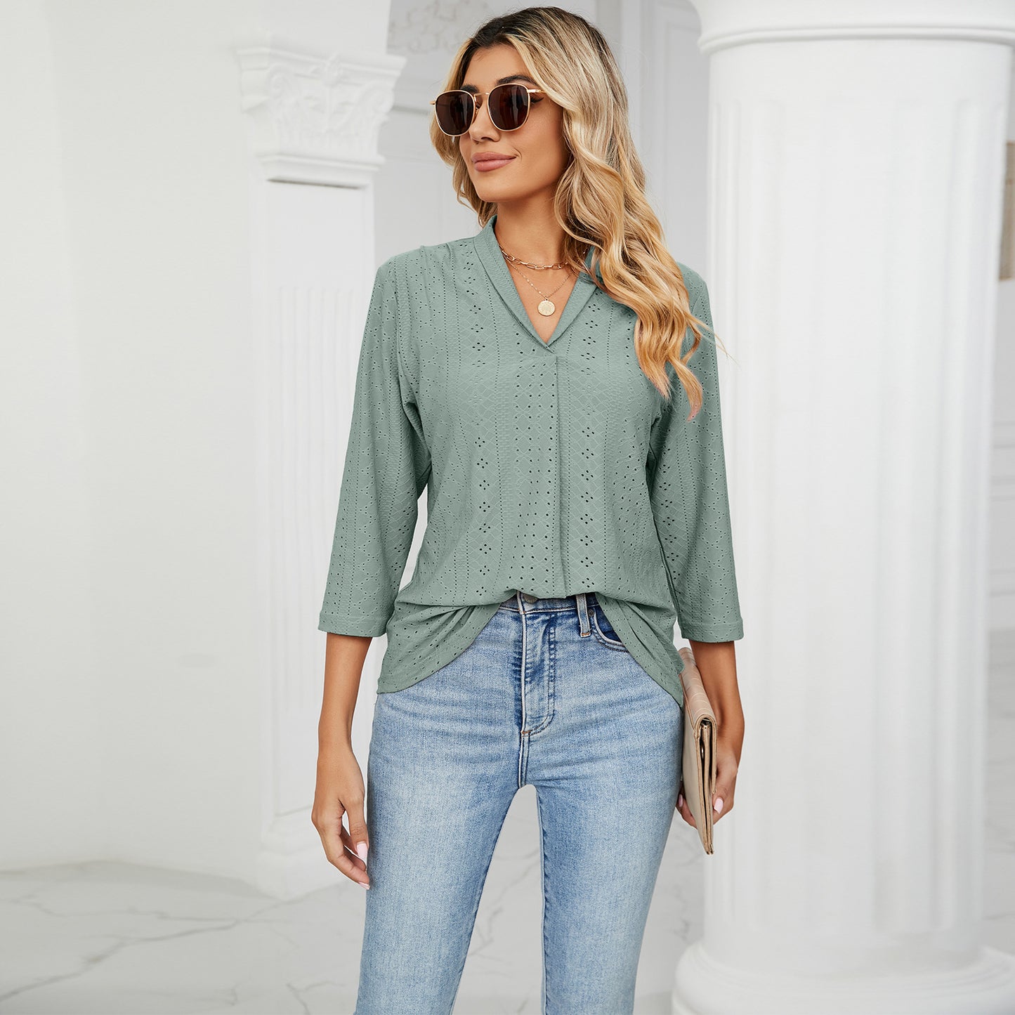 Women's Autumn Jacquard Loose-fitting Lapel T-shirt Blouses