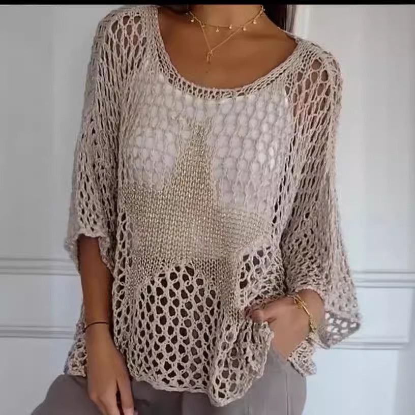 Women's Round Neck Commuter Elegant Cropped Sleeves For Air Conditioned Women's Sweater