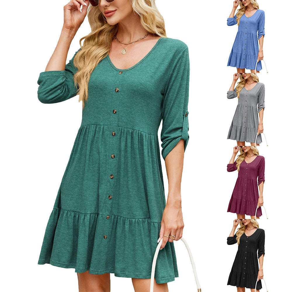Solid Color Round Neck Button Pleated Dress