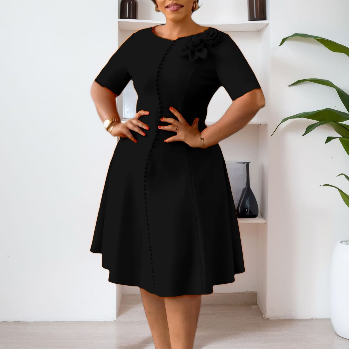 Women's Short-sleeved Solid Color Round Neck Elegant Dress