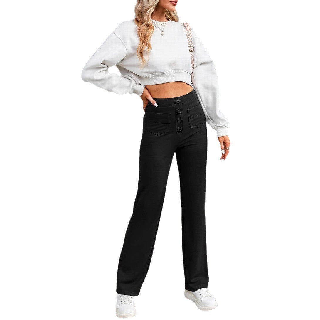 Women's Casual High Waist Texture Button Elastic Pants