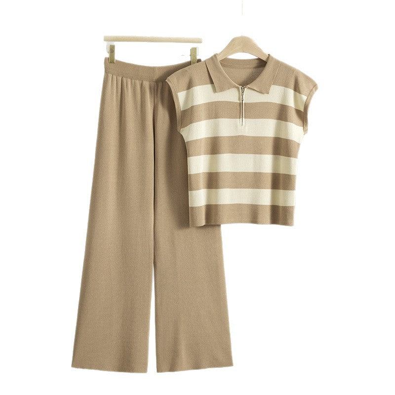 Women's Summer Polo Collar Sleeveless Knitted Wide Suits