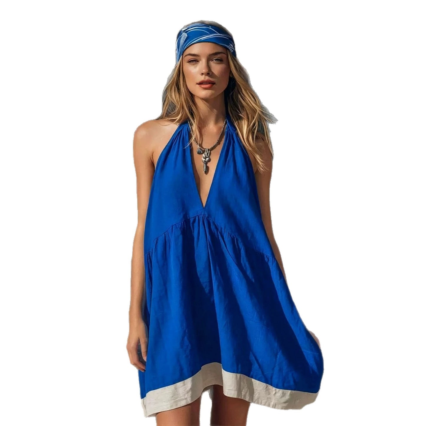 Women's Deep V Contrast Color Cotton Linen Loose Skirts
