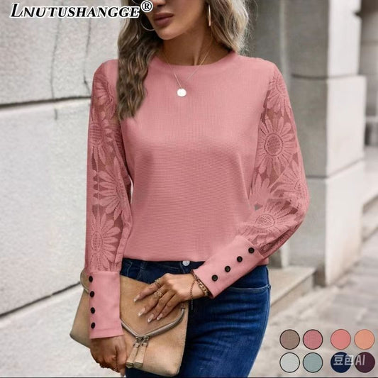 Color Long Sleeve Embroidered Lace Stitching Blouses